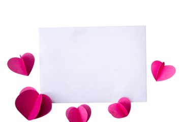 pink paper heart with blank note on white background isolated