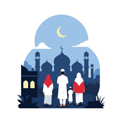 Muslim family in traditional attire standing before beautiful mosque at dusk for&nbsp;Taraweeh pray