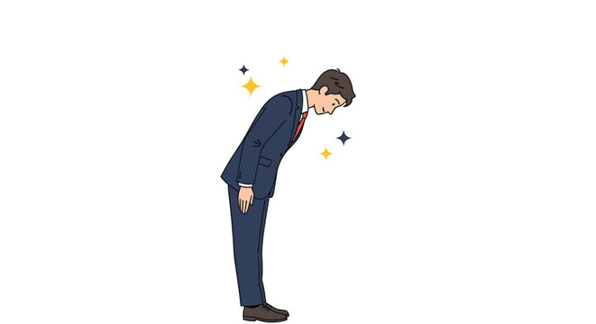 A Japanese businessman in a formal suit making a deep, respectful bow, a common gesture of greeting, apology, or gratitude.
