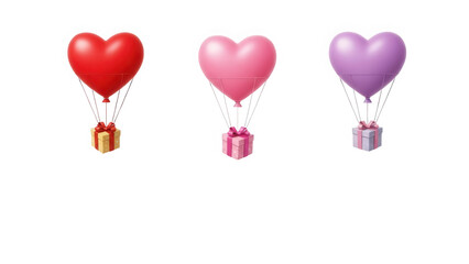 Colorful heart balloons with gift boxes isolated on transparent background
