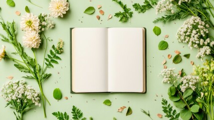 Open Notebook Mockup With White Pages Surrounded By Flowers And Greenery On Light Green Background For Springtime Projects And Invitations