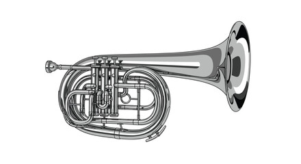 Obraz premium Detailed black and white illustration of a brass French horn musical instrument, showing its coiled tubing and valves.