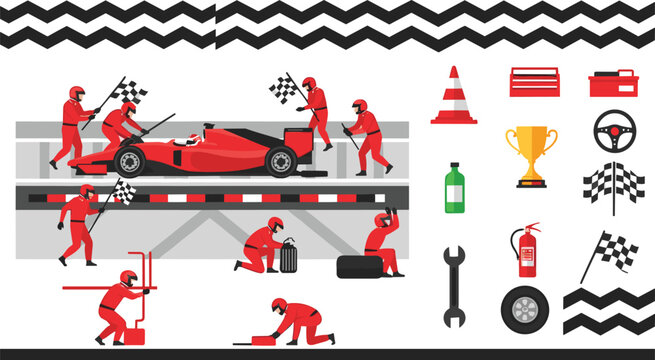 Formula 1 Racing Pit Stop Illustration Set with Crew and EquipmentFormula 1 Racing Pit Stop Illustration Set with Crew and Equipment