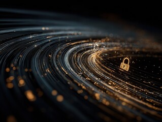 Cybersecurity Protection Glowing Golden Padlock Icon over Dynamic Abstract Digital Data Flow, Representing Secure Network, Data Privacy, and Information Security.