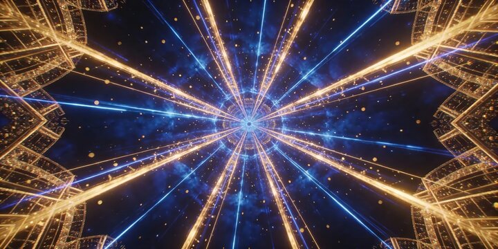 Abstract futuristic fractal light pattern with symmetrical geometric design, vibrant blue and gold hues, digital art style, suitable for tech or sci-fi backgrounds. - Powered by Adobe