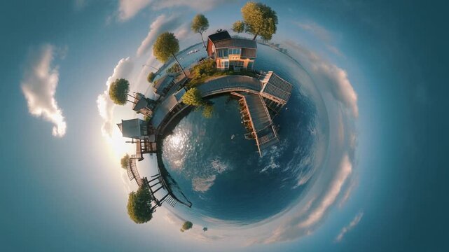 A unique tiny planet panoramic view showcasing a picturesque waterside community with houses, lush trees, and a tranquil blue sphere reflecting the vast sky