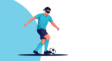 Obraz premium Blindfolded man playing blind football, a paralympic sport, dribbling a soccer ball on a blue and white background.