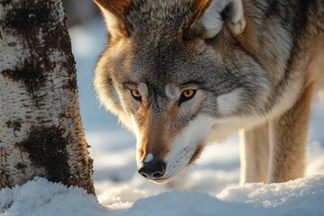 Obraz premium Close-up of a wolf by a birch tree in snow, amber eyes focused and alert with an intense, watchful expression in warm winter light