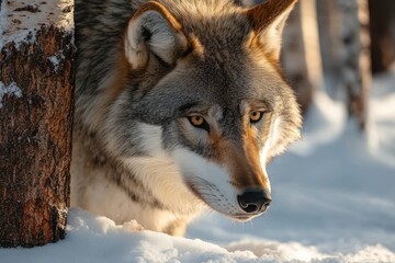 Obraz premium Alert grey wolf peering around a snow-covered tree in a sunlit winter forest, intense focused gaze and cautious stealthy posture