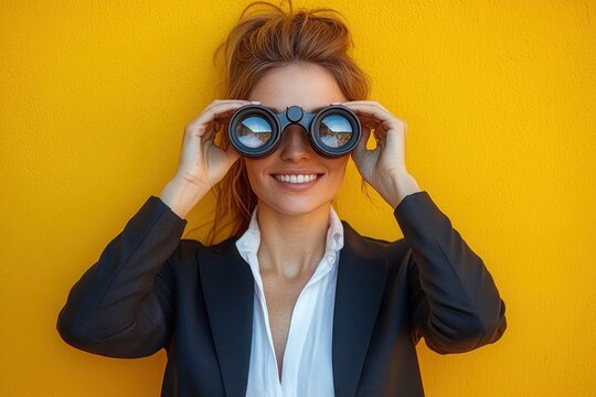 Red-haired woman in blazer and white shirt holding binoculars against a bright yellow wall, appearing curious and confident