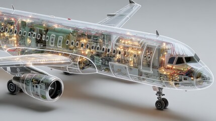 Detailed Transparent Cross-Section of a Modern Commercial Airplane Revealing Intricate Internal Systems, Engines, and Wiring � Advanced Aviation Technology and Engineering on White Background.