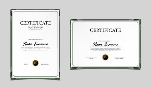 Elegant certificate of achievement set in vertical and horizontal layout, classic green and gold border design, professional award template for business, corporate, education and formal recognition.