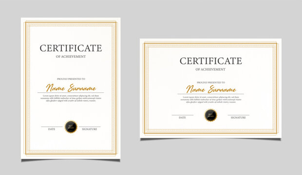 Elegant certificate of achievement set in vertical and horizontal layout, classic black and gold border design, professional award template for business, corporate, education and formal recognition.