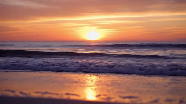 A breathtaking wide shot captures the sun majestically setting or rising over a vast expanse of ocean, painting the sky and water with a spectacular palette of warm orange, radiant golden, and deep pu