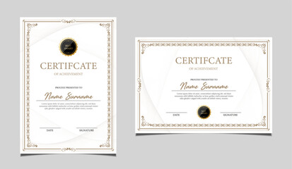 Elegant certificate of achievement set in vertical and horizontal layout, classic black and gold border design, professional award template for business, corporate, education and formal recognition.