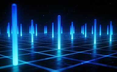 Abstract digital landscape with blue neon glowing columns on a grid, evoking futuristic cyberpunk and sci-fi aesthetics, ideal for tech and digital themes.