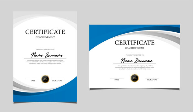 Elegant certificate of achievement set in vertical and horizontal layout, classic blue and gold border design, professional award template for business, corporate, education and formal recognition.