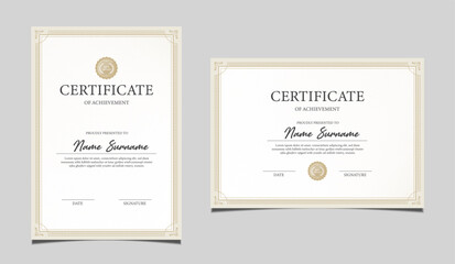 Elegant certificate of achievement set in vertical and horizontal layout, classic black and gold border design, professional award template for business, corporate, education and formal recognition.