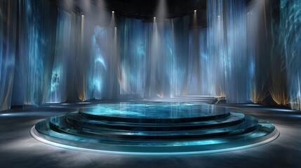 Futuristic Stage with Water Feature and Dramatic Lighting - Modern Performance Venue