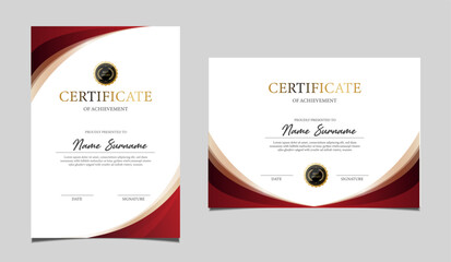 Elegant certificate of achievement set in vertical and horizontal layout, classic red and gold border design, professional award template for business, corporate, education and formal recognition.