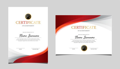 Elegant certificate of achievement set in vertical and horizontal layout, classic red and gold border design, professional award template for business, corporate, education and formal recognition.
