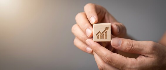 未来志向の成長を示す木製キューブを扱う手元