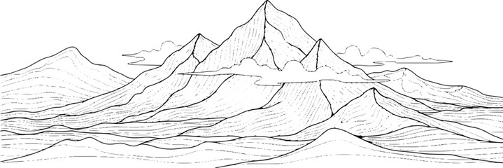Mountain range landscape with clouds line art, isolated vector.