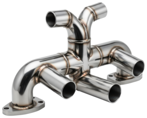 Stainless steel exhaust manifold with welded pipes for the engine isolated with transparent background