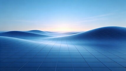 Abstract digital artwork featuring a blue grid pattern with wavy hills, smooth curves, and a serene sky gradient. Minimalist, futuristic aesthetic ideal for modern design and backgrounds.