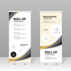 Modern roll up banner template set with black and gold abstract design, professional presentation stand for business, corporate marketing, exhibition, trade show and advertising display.