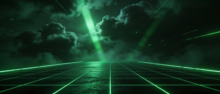 A dark cyberpunk landscape features a glowing green neon grid with dramatic clouds and light beams, evoking futuristic digital art and sci-fi atmosphere.