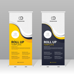 Modern roll up banner template set with black and yellow abstract design, professional presentation stand for business, corporate marketing, exhibition, trade show and advertising display.