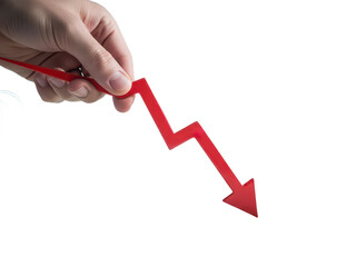 Hand holding red downward arrow indicating market decline trend isolated on transparent background