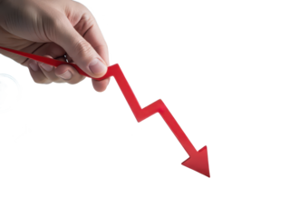 Hand holding red downward arrow indicating market decline trend isolated on transparent background