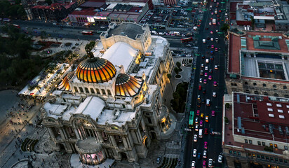 Mexico, Panoramic skyline view of Mexico City historic center from Tower Torre Latinoamericana.