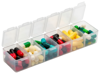 Plastic weekly pill organizer box with colorful capsules isolated with transparent background