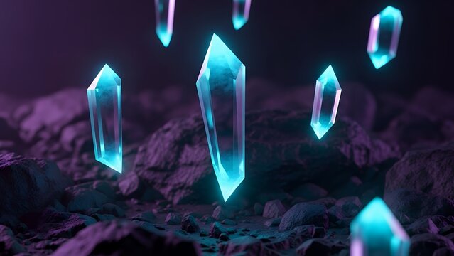 Glowing Crystals Suspended in Dark Fantasy Landscape with Mystical Rocks and Purple Hue