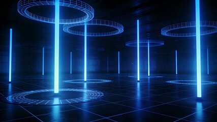 Abstract futuristic interior with glowing blue neon rings and columns, cyberpunk digital grid, wireframe structure, sci-fi technology, modern virtual space render.