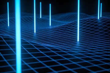 Abstract 3D grid with neon blue vertical lines on a wavy digital background, evoking futuristic tech and sci-fi concepts.