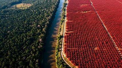 Naklejka premium Mesmerizing aerial shot of an abstract forest where tree canopies swirl in a vibrant rainbow gradient, showcasing nature's breathtaking colorful artistry