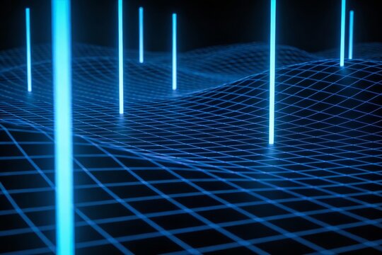 Abstract 3D grid with neon blue vertical lines on a wavy digital background, evoking futuristic tech and sci-fi concepts. - Powered by Adobe