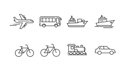 Various transportation icons including airplane, bus, ship, boat, bicycle, train, and car