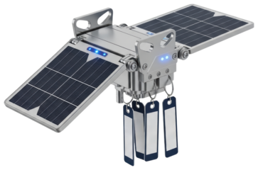 Futuristic silver satellite with solar panels and hanging blank tags isolated with transparent background