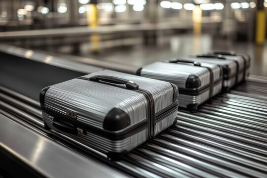 Three silver hard-shell suitcases lined up on an airport baggage carousel in a dim terminal, evoking quiet anticipation and efficient motion