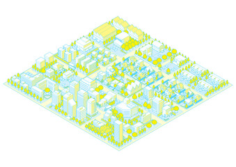 街並みの立体図. 都市の景観. アイソメ図で描いた都市.