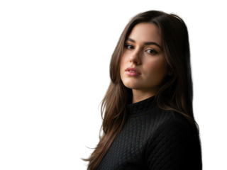 Young woman with long brown hair and neutral expression in portrait isolated on transparent background