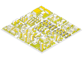 街並みの立体図. 都市の景観. アイソメ図で描いた都市.