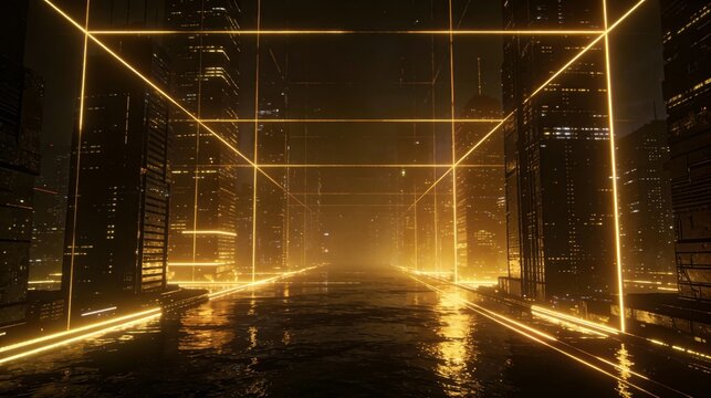 A dark futuristic cyberpunk cityscape with glowing neon lights and reflections on wet streets, featuring towering skyscrapers and grid-like urban infrastructure. - Powered by Adobe