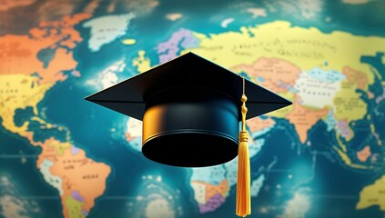 Graduation cap on world map
