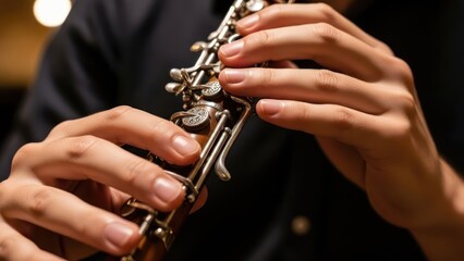 Close-up of hands playing a clarinet with fingers on keys in a dark setting.